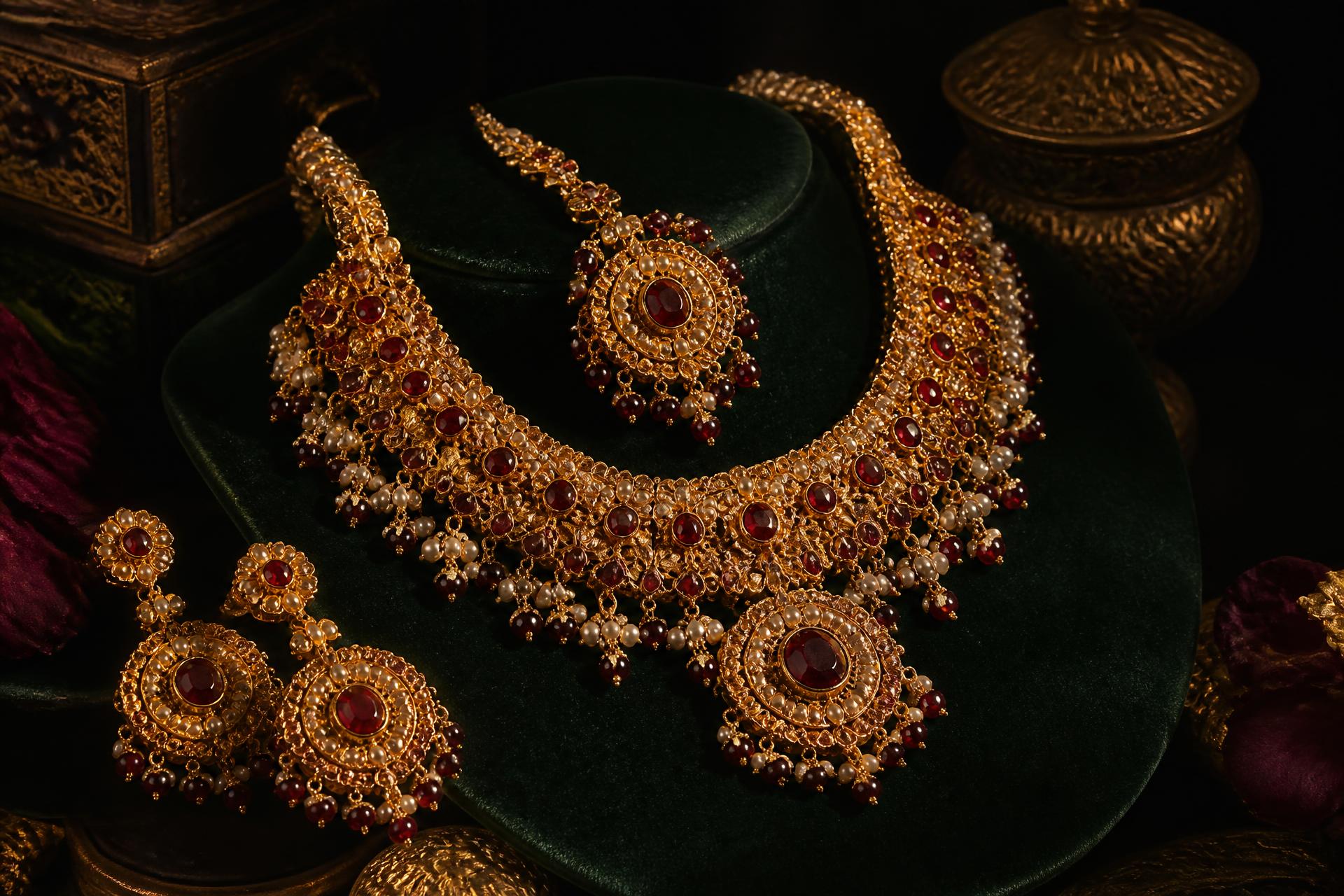 Hand-crafted 22K gold bridal necklace set with rubies and pearls